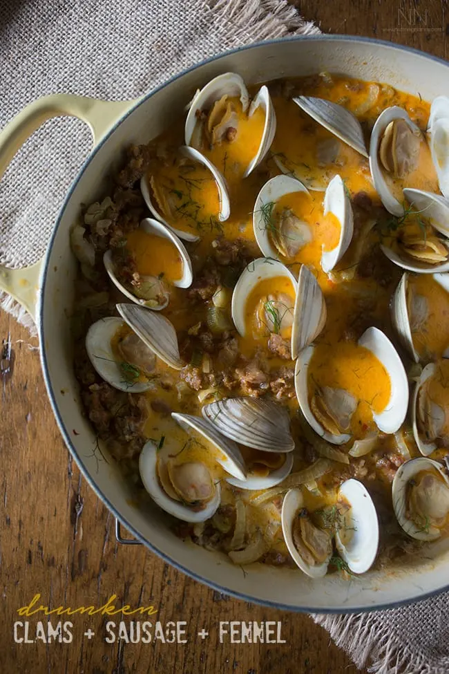 These drunken clams and sausage are paired with white wine, chicken stock, fennel and just a touch of cream. Perfect when served with crusty bread.