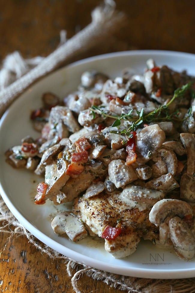 This creamy chicken bacon and mushrooms is the perfect weekday meal. Packed full of flavor and delicious when served with pasta, mashed potatoes or vegetables.