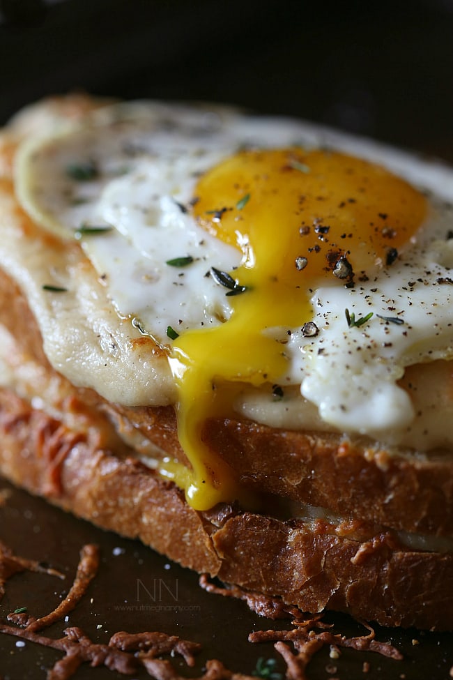 This croque madame is the perfect combination of bechamel cheese sauce, Canadian bacon and Swiss cheese stuffed between two slices of crusty bread and topped with a fried egg. Perfect for breakfast or dinner.
