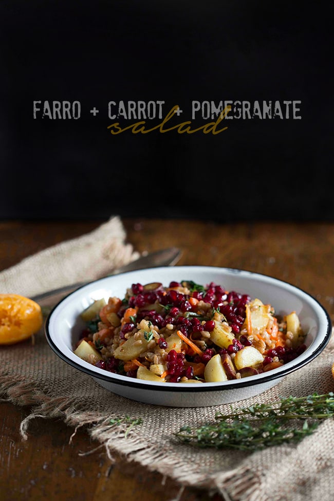 This farro carrot pomegranate salad is the perfect healthy side dish. It's packed full of vegetables and dressed with a simple squeeze of orange.