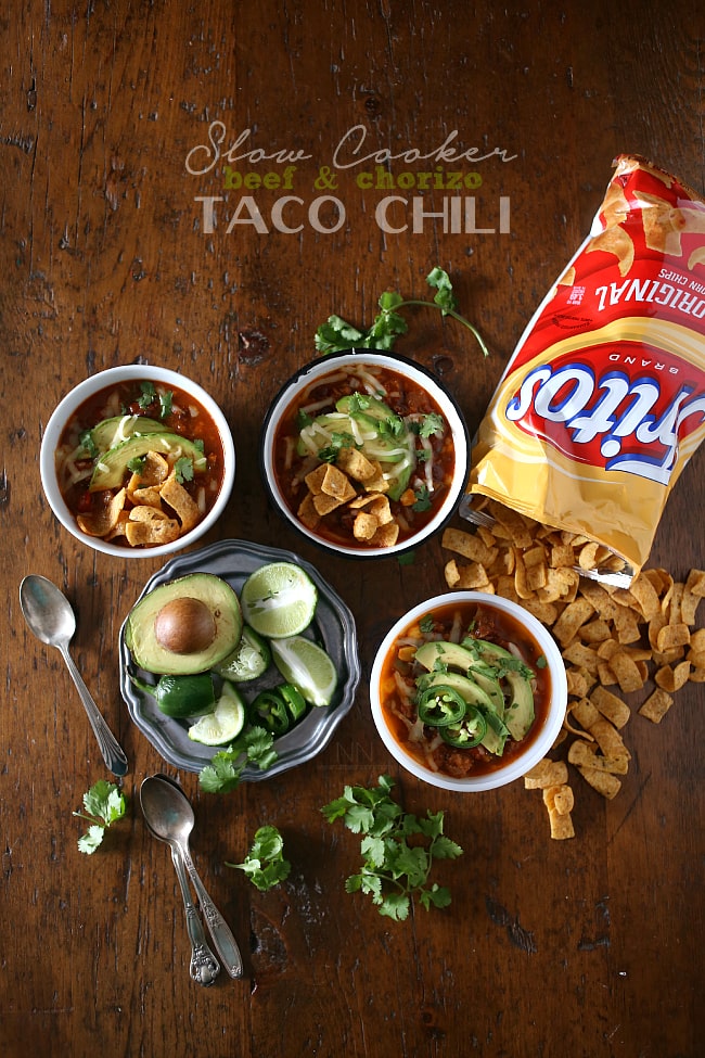 This slow cooker beef chorizo taco chili is packed full of flavor and perfect for cold winter nights. Serve topped with avocado, cheese and corn chips for the perfect filling bowl.