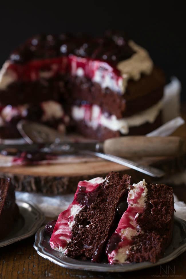 This black forest cake is the perfect showstopper of a dessert. It combines moist chocolate cake, homemade cherry filling and mascarpone whipped cream.