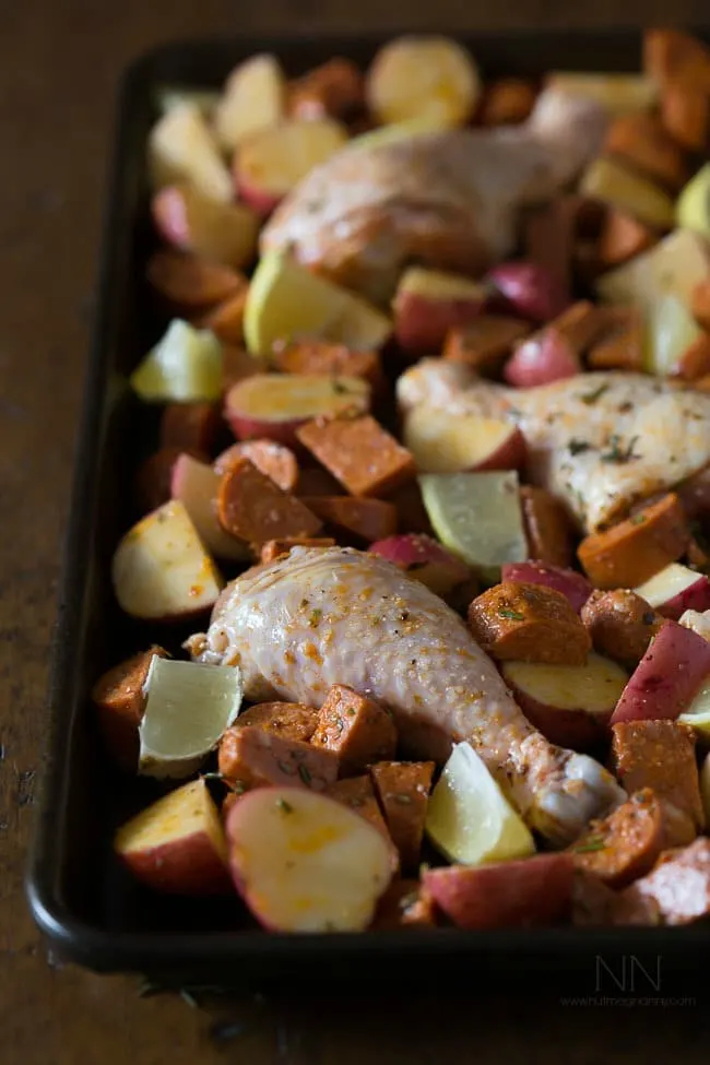 This simple chicken andouille potato bake is perfectly seasoned with fresh herbs and a burst of lemon. It's the perfect balance of flavorful spice.