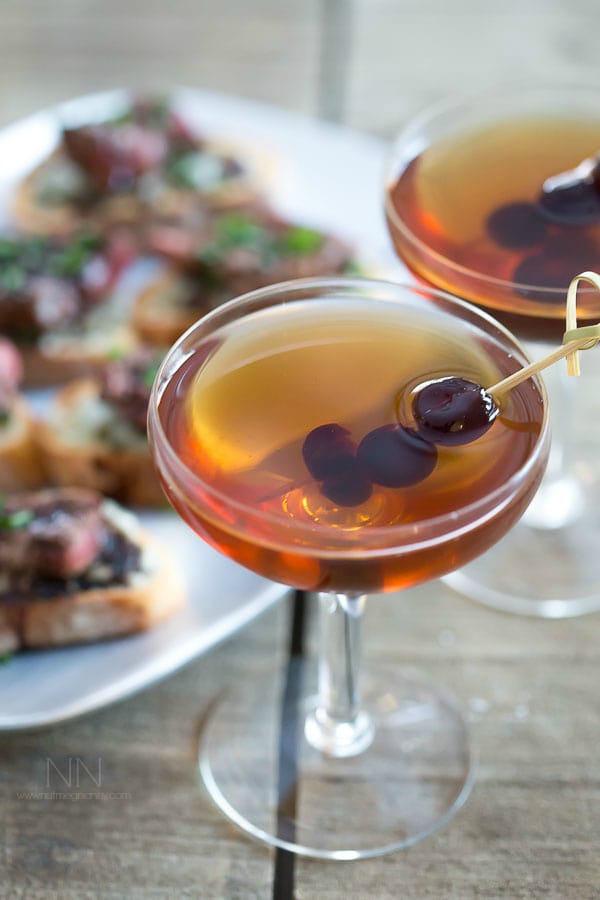 This classic Manhattan cocktail is sure to wet your whistle. Made with rye, sweet vermouth and just a dash of bitters.