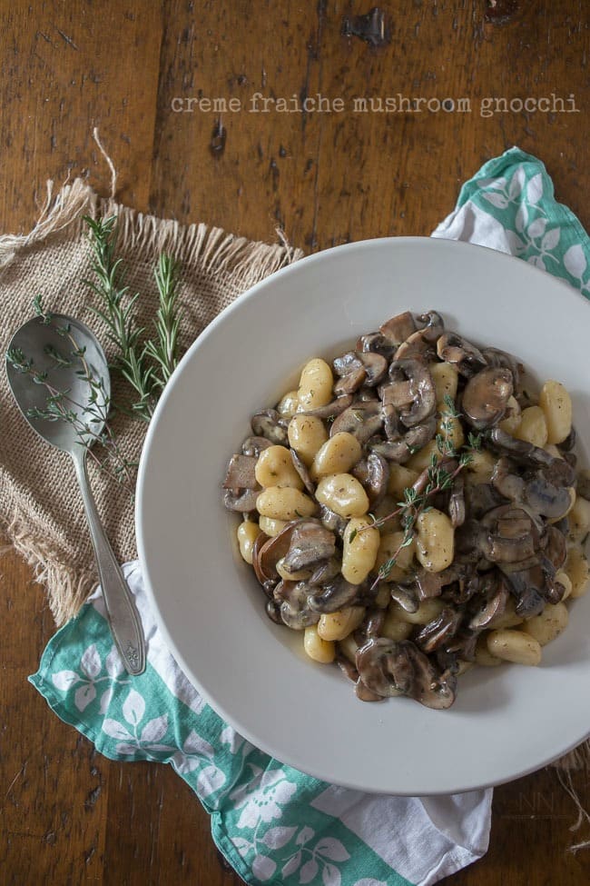 This super creamy creme fraiche mushroom gnocchi is the perfect meatless meal. Full of meaty mushrooms and just a touch of fresh herbs. Ready in just 30 minutes!