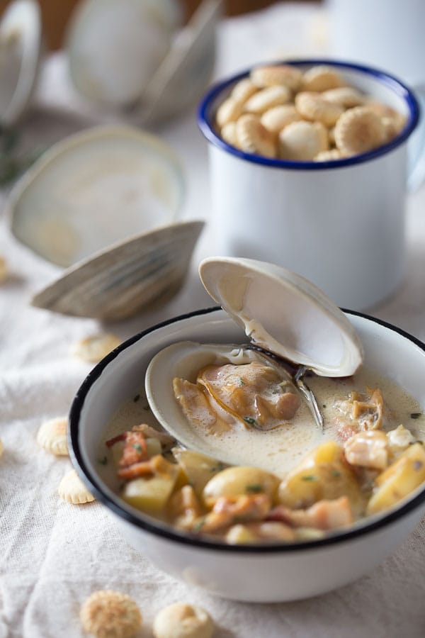New England Clam Chowder served with oyster crackers. 