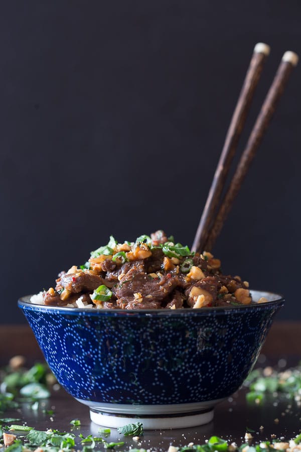 This spicy beef with peanuts is ready in just 25 minutes and combines quick marinaded beef, peanuts and cilantro over top nutty light brown basmati rice. 