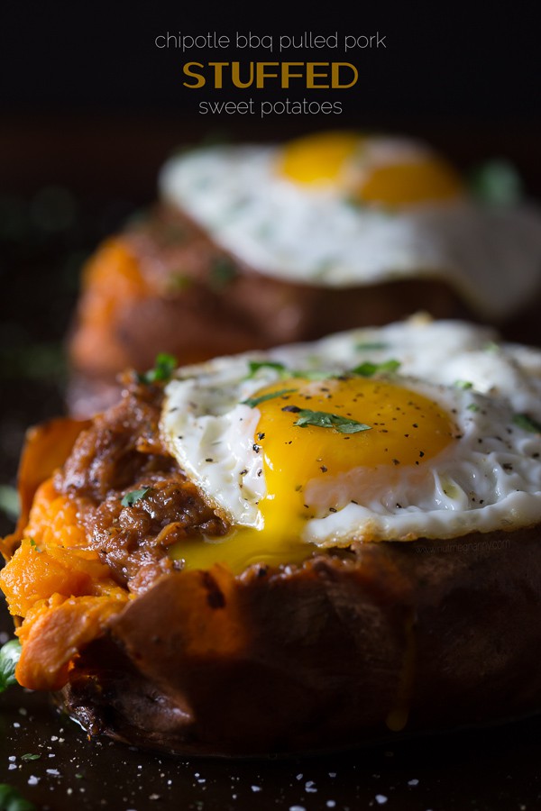 BBQ Pulled Pork Stuffed Sweet Potatoes with a runny egg. 