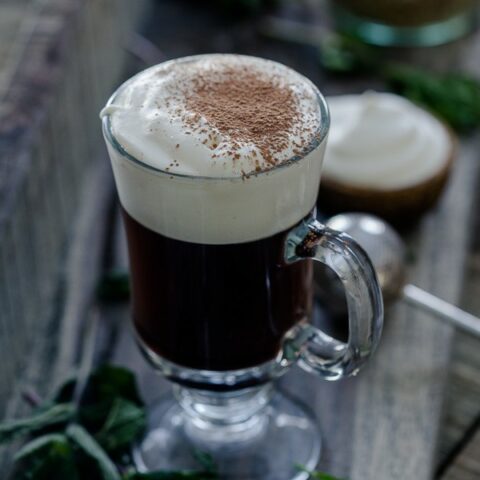 This traditional Irish coffee is made the classic way - brown sugar, coffee, Jameson Irish whiskey and whipped cream. It warms you up and is ready in 10 minutes!