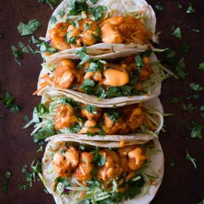 These chipotle shrimp tacos are the perfect balance of sweet and spicy. Flour tortillas topped with tangy broccoli slaw, chipotle shrimp and gochujang mayonnaise.