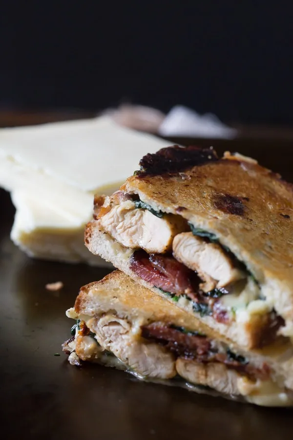 This easy to make chicken bacon spinach grilled cheese is packed full of flavor and perfect for dinner or lunch. Super cheesy and grilled to ooey gooey perfection.