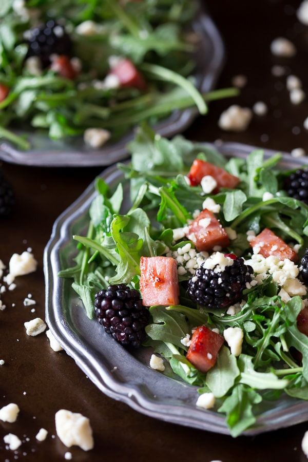 This black and blue salad with crispy ham is the perfect summer salad. A delicious combo of arugula, crispy ham, blackberries and blue cheese. You'll love this fun summer salad!
