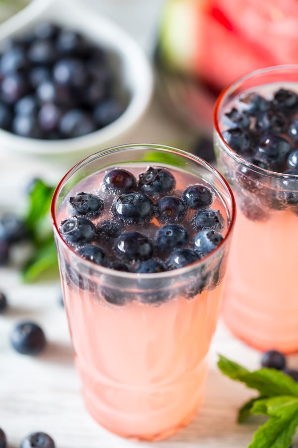 This watermelon blueberry mint spritzer is the perfect Memorial Day cocktail. Fruity watermelon mixed with fresh mint, blueberries and a touch of Truvia.