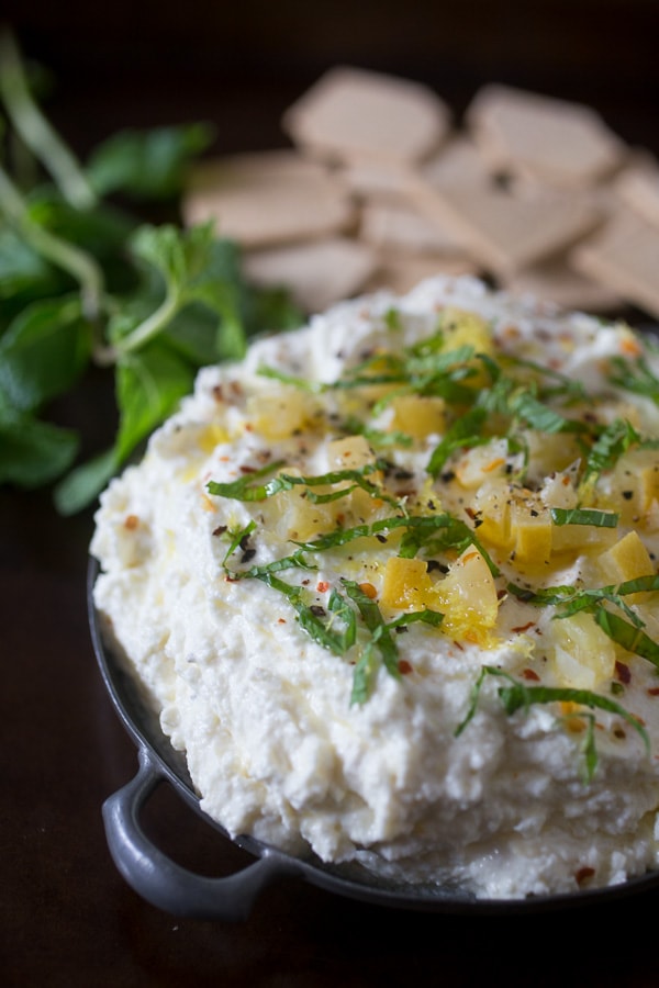 Preserved Lemon and Mint Whipped Feta Dip in a serving dish. 