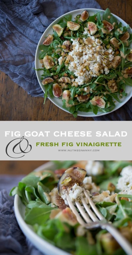 This fig goat cheese salad with fig vinaigrette is the perfect late summer salad. Packed full of fresh figs, goat cheese, pistachios and a homemade fig vinaigrette. 