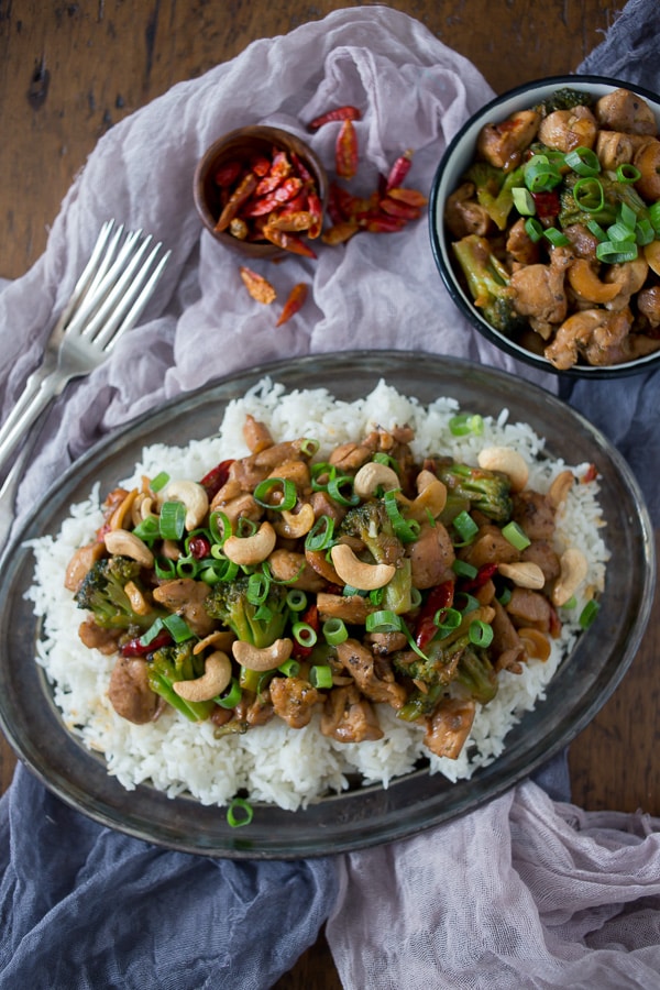 This spicy cashew chicken is better than take out. Made with delicious fresh ingredients and ready in just 30 minutes. It's fake out take out and it's delicious!