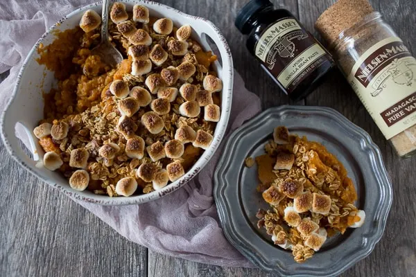 This vanilla sweet potato casserole is a modern spin on the classic Thanksgiving casserole. Lightly sweet, full of vanilla flavor and ready in just 30 minutes!