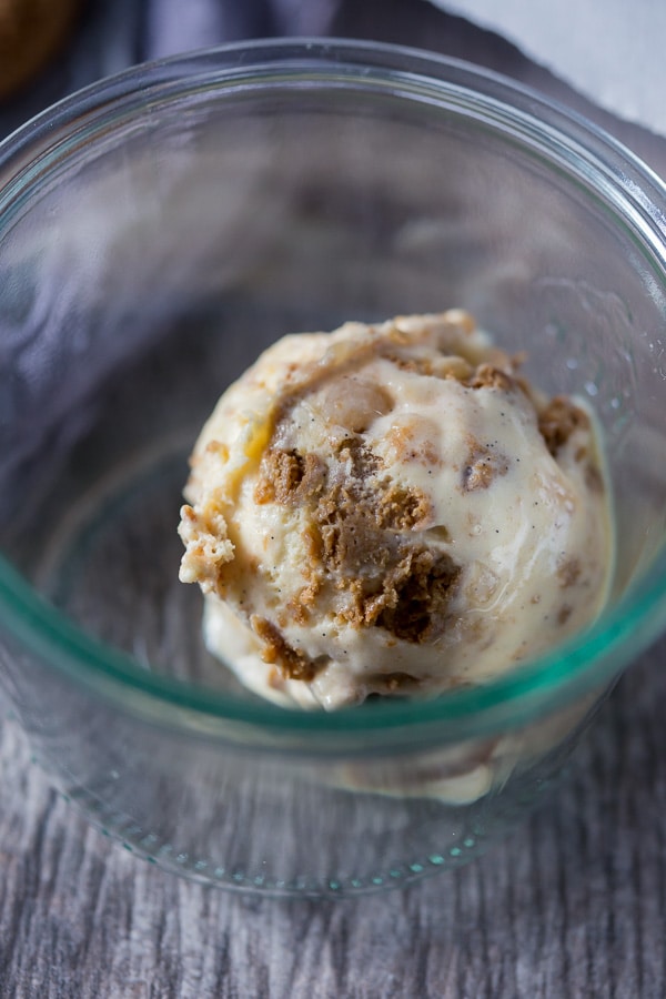 This apple butter gingersnap ice cream is the perfect fall ice cream dessert. Swirled with apple butter and packed full of gingersnaps and candied ginger.