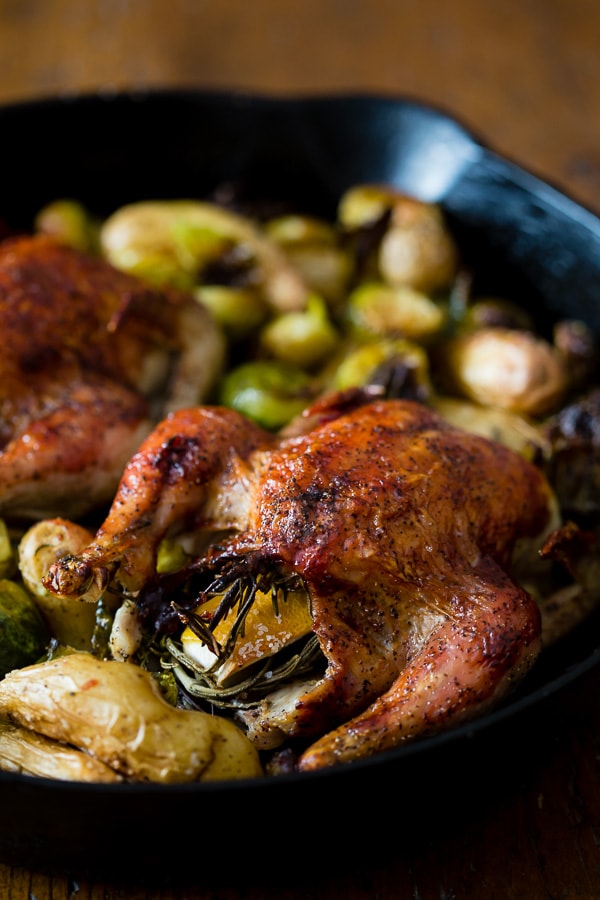 These cranberry bbq sauce cornish hens are perfectly roasted and served with fingerling potatoes and Brussels sprouts. This is one skillet deliciousness! 