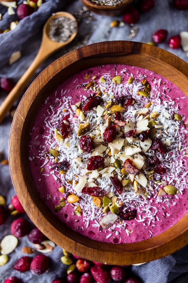 Cranberry Smoothie Bowl served in a wooden bowl. 