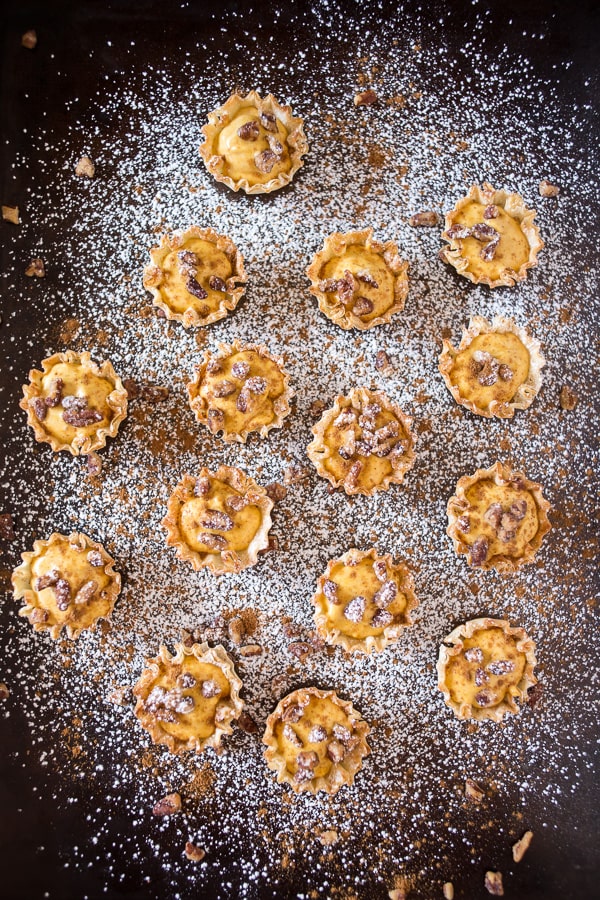 These no bake pumpkin cheesecake phyllo bites are the easiest Thanksgiving dessert ever. Fluffy spiced pumpkin cheesecake filled into crunchy phyllo shells and topped with spiced nuts. You'll love these sweet little bites!
