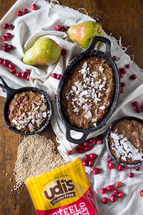 These cranberry pear baked steel cut oats are the perfect way to welcome the day. Full of delicious winter fruit flavor and hearty enough to keep you full for hours. Top with toasted nuts and a sprinkling of powdered sugar to jazz it up.