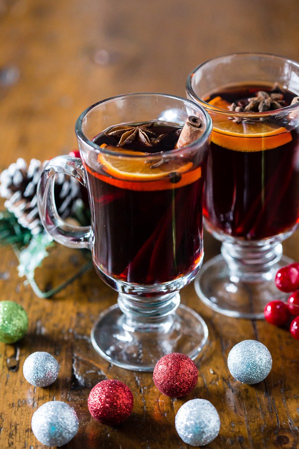 Slow Cooker Spiced Mulled Wine in 2 glasses. 