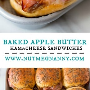 These baked apple butter ham and cheese sandwiches are the perfect party food. They are the perfect balance of sweet and savory and ready in just 35 minutes!
