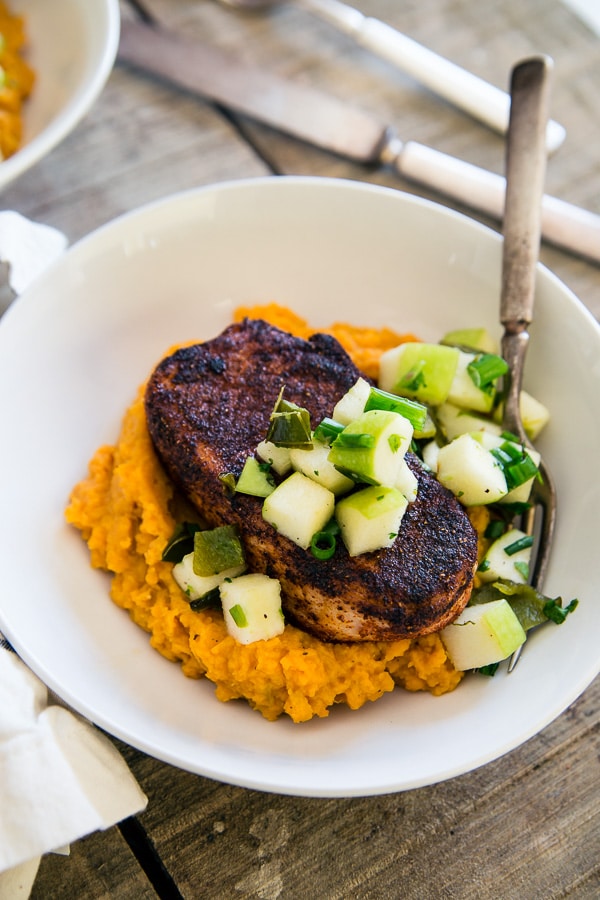 These spiced pork chops with charred poblano apple salsa is the perfect cold weather meal. 