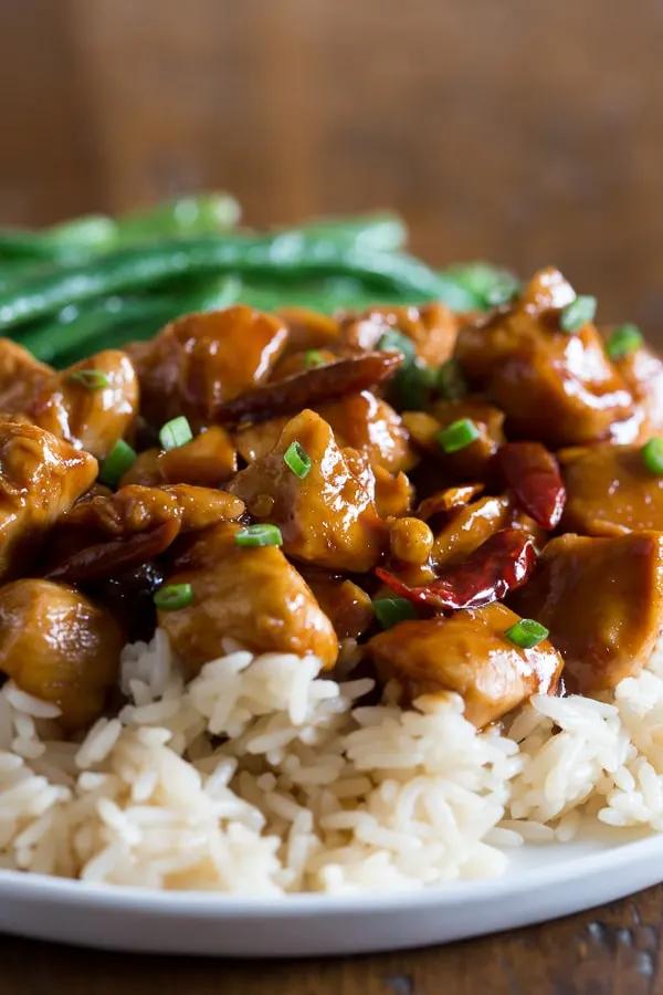 Healthier General Tso's Chicken served with rice. 