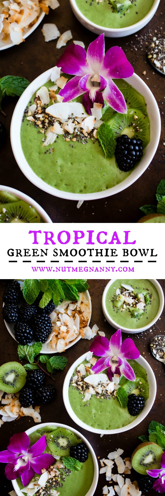 This tropical green smoothie bowl is made with frozen bananas, mango, kiwi, mint, spinach, chia seeds, vanilla soy yogurt and coconut milk. It's ready in just 5 minutes and tastes like a tropical paradise.