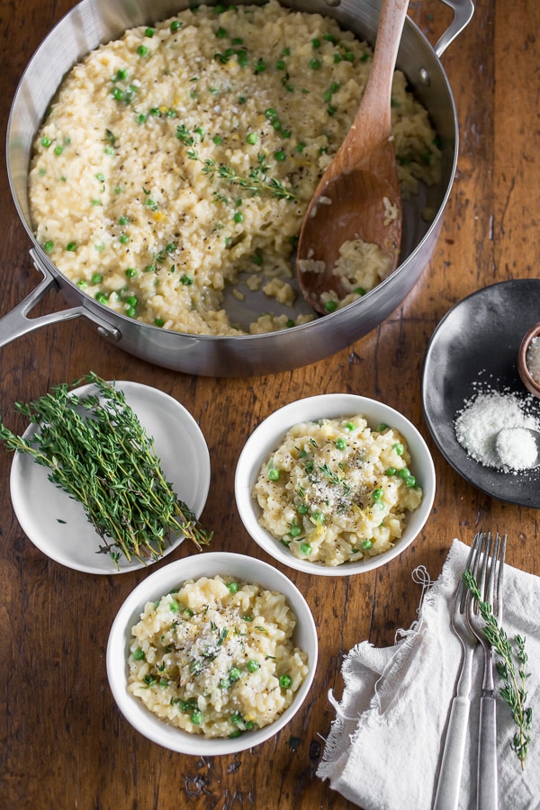 This pea Parmesan risotto is minimal stir and turns out perfectly creamy. It's packed full of fresh lemon zest, sweet spring peas and sharp Parmesan cheese.