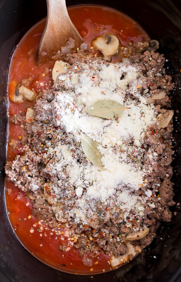 Slow Cooker Parmesan Meat Sauce in a slow cooker. 