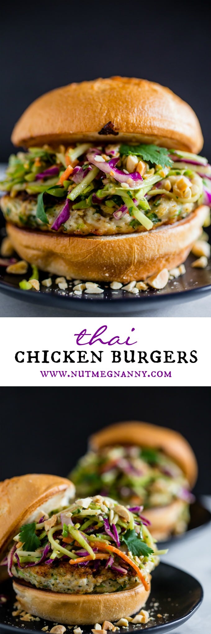 These Thai chicken burgers are packed full of fresh herbs and topped with a crunchy vegetable slaw tossed with a peanut butter dressing. Ready in about 30 minutes and LOADED with flavor!
