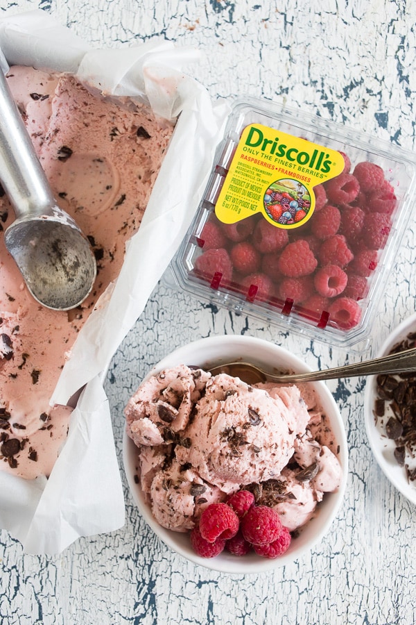 This raspberry chocolate chip ice cream is the perfect addition to your summer menu. Slightly sweet, full of fresh berry flavor and packed with dark chocolate chips. You'll love how easy it is to make your own ice cream!