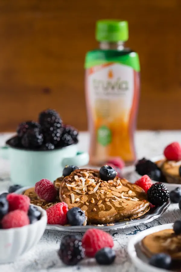 These toasted coconut espresso pancakes are lightly sweetened, filled with toasted coconut and topped with fresh berries and Truvia nectar. So simple to make and packed full of espresso flavor. 