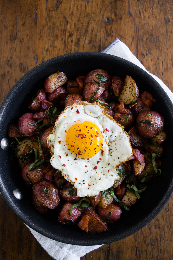 Basil Bacon Hash in a skillet. 