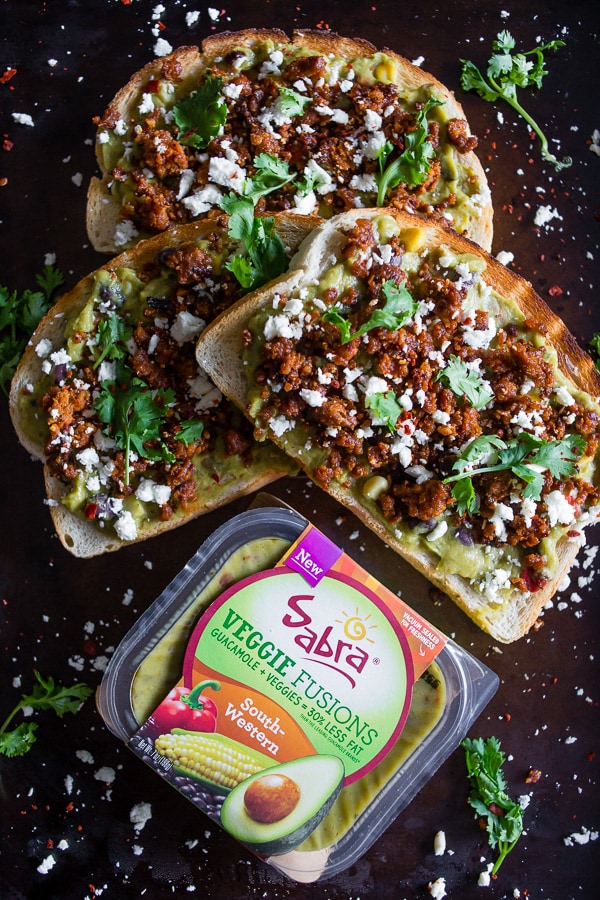This chorizo cotija guacamole toast is a great way to start the day OR a delicious mid-day treat. Savory guacamole mixed with fresh vegetables and topped with spicy chorizo, salty cotija and a sprinkling of cilantro. You're going to go crazy over this delicious toast!