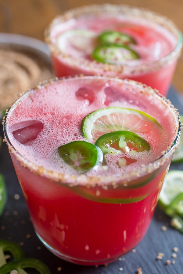 Jalapeno Watermelon Margarita served with lime. 