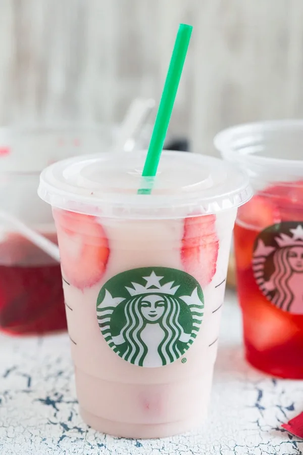 Homemade Starbucks Pink Drink in a starbucks cup. 