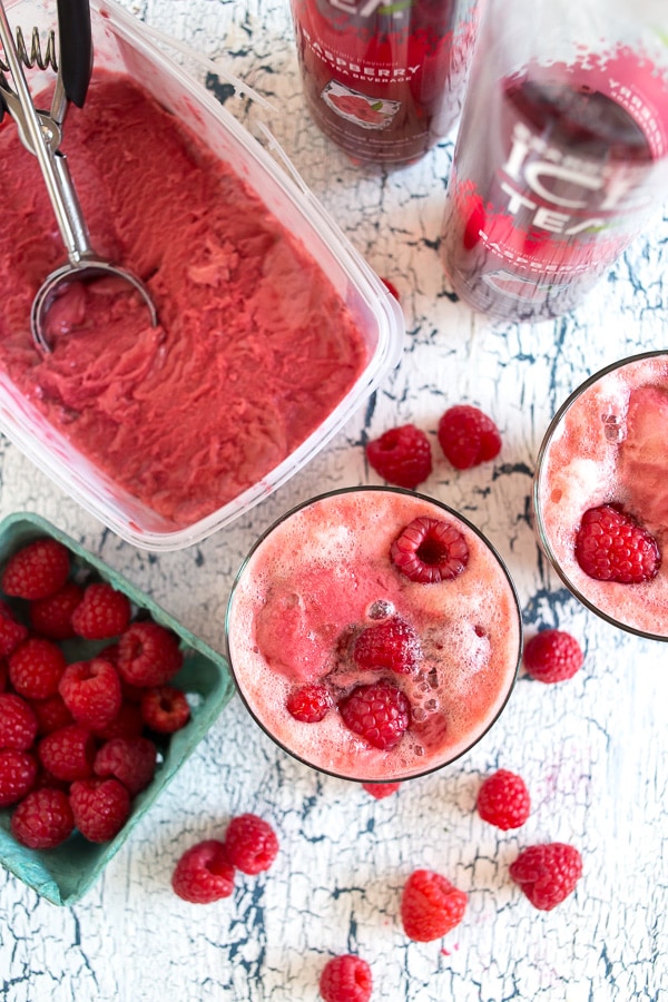 This raspberry sorbet tea float combines the flavors of summer into a fun frozen treat. It's perfect sweet and ready for dessert in just minutes!