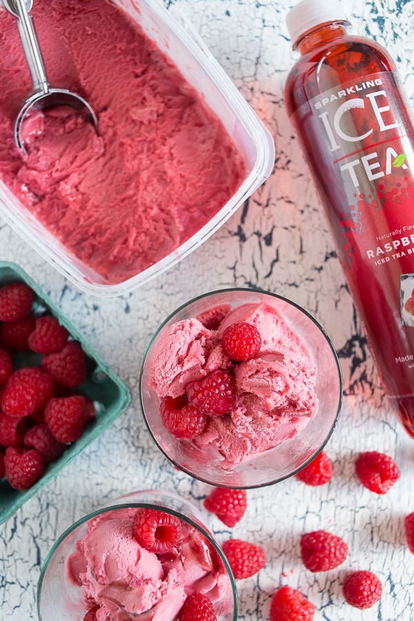 This raspberry sorbet tea float combines the flavors of summer into a fun frozen treat. It's perfectly sweet and ready for dessert in just minutes! 