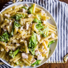 This chicken broccoli ziti is a delicious weeknight dinner. Ready in 30 minutes and packed full of delicious white wine and Parmesan sauce flavor. You'll love how easy it is to throw together this crowd-pleasing meal.