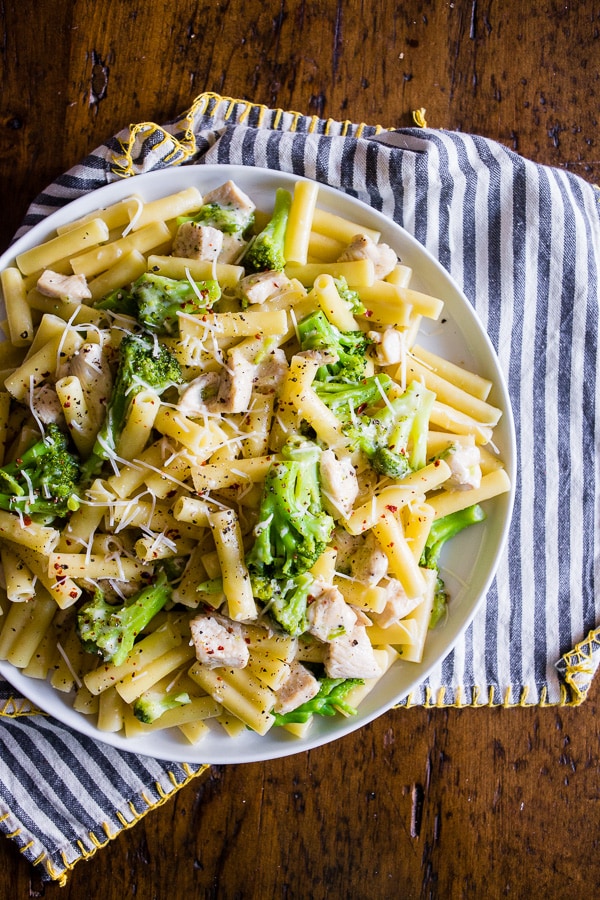 Chicken Broccoli Ziti topped with parmesan cheese. 