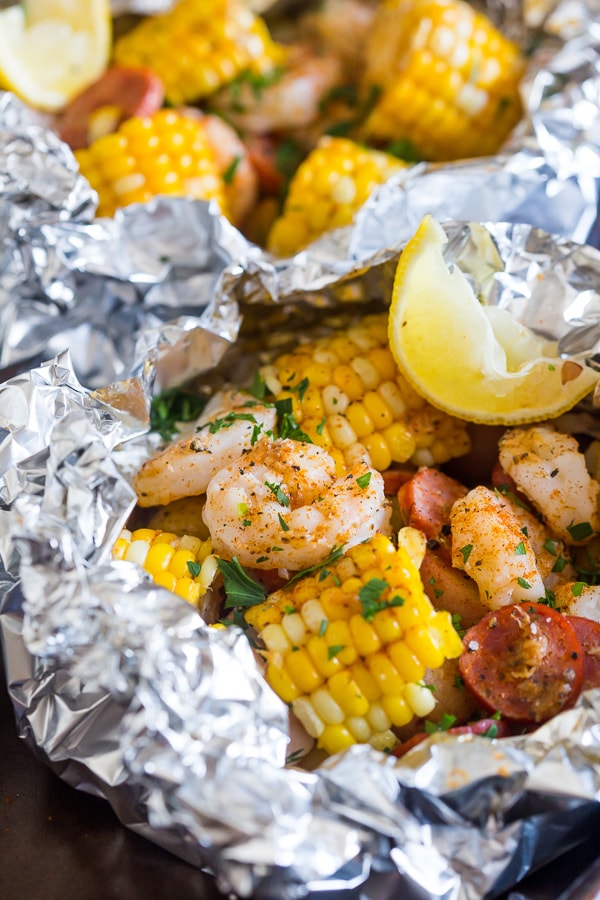 corn and shrimp inside low country boil foil packets