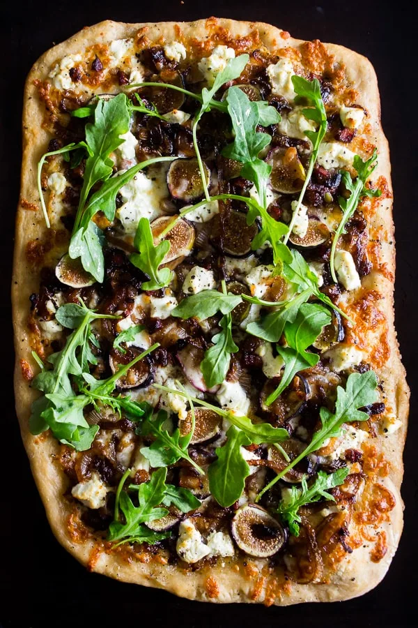 Fig Caramelized Onion Pizza on a sheet pan.