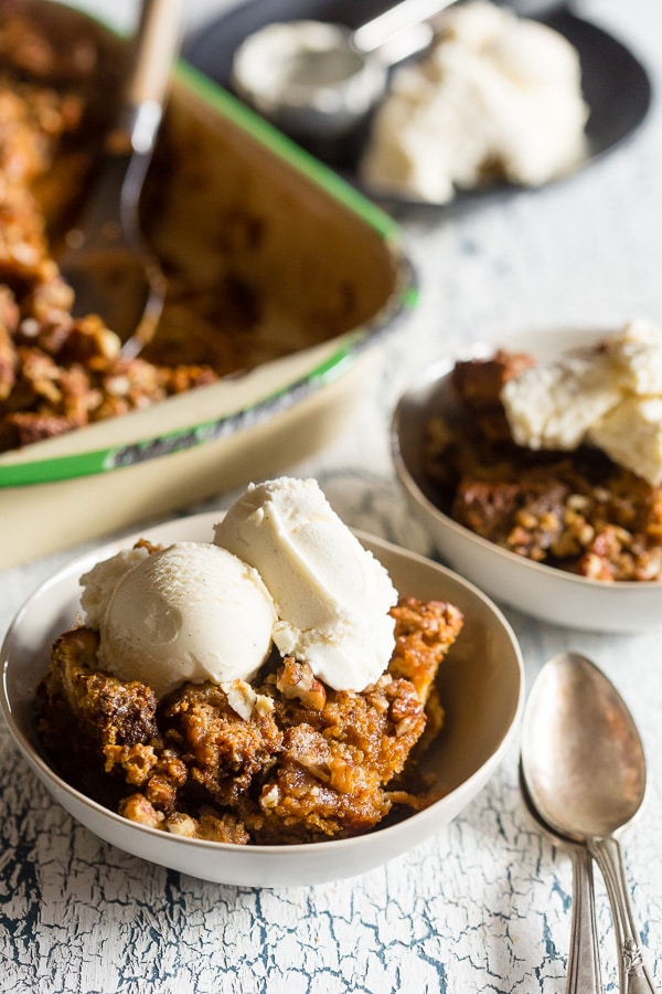 This pumpkin cream cheese bread pudding is not only gluten-free but it's packed full of fall flavor and perfect when served with a scoop of vanilla ice cream. Plus the pumpkin bread is soaked in a cream cheese mixture so you know it's bound to be delicious!