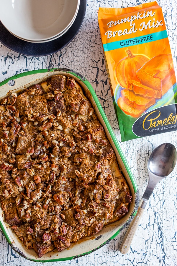 This pumpkin cream cheese bread pudding is not only gluten-free but it's packed full of fall flavor and perfect when served with a scoop of vanilla ice cream. Plus the pumpkin bread is soaked in a cream cheese mixture so you know it's bound to be delicious!