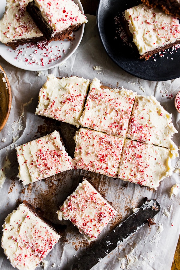 These peppermint hot chocolate brownies are going to be your go-to holiday brownie! Delicious chocolate brownies topped with a homemade marshmallow buttercream flavored with peppermint and vanilla beans. To top it all off I sprinkled the whole thing with crushed candy canes. You're going to LOVE these brownies!