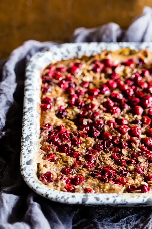 Baked Cranberry Oatmeal in a serving dish. 